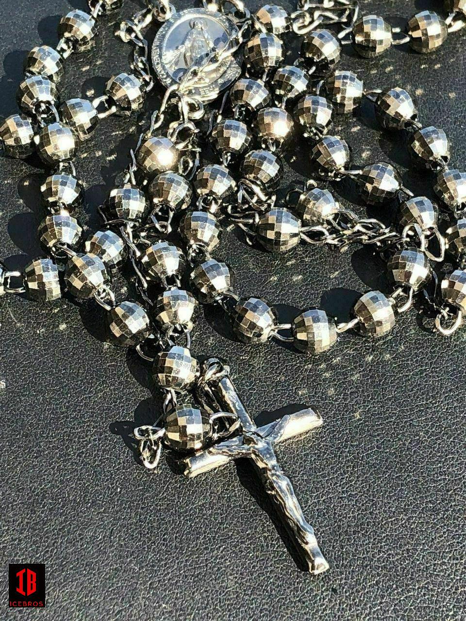 Men’s Rosary Beads Necklace Oxidized Black Disco Ball Cut 925 Silver Rosario ITALY Cross