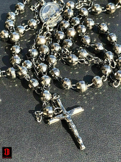 Men’s Rosary Beads Necklace Oxidized Black Disco Ball Cut 925 Silver Rosario ITALY Cross