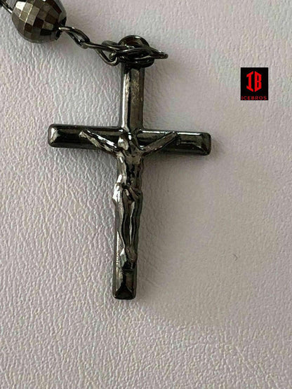 Men’s Rosary Beads Necklace Oxidized Black Disco Ball Cut 925 Silver Rosario ITALY Cross