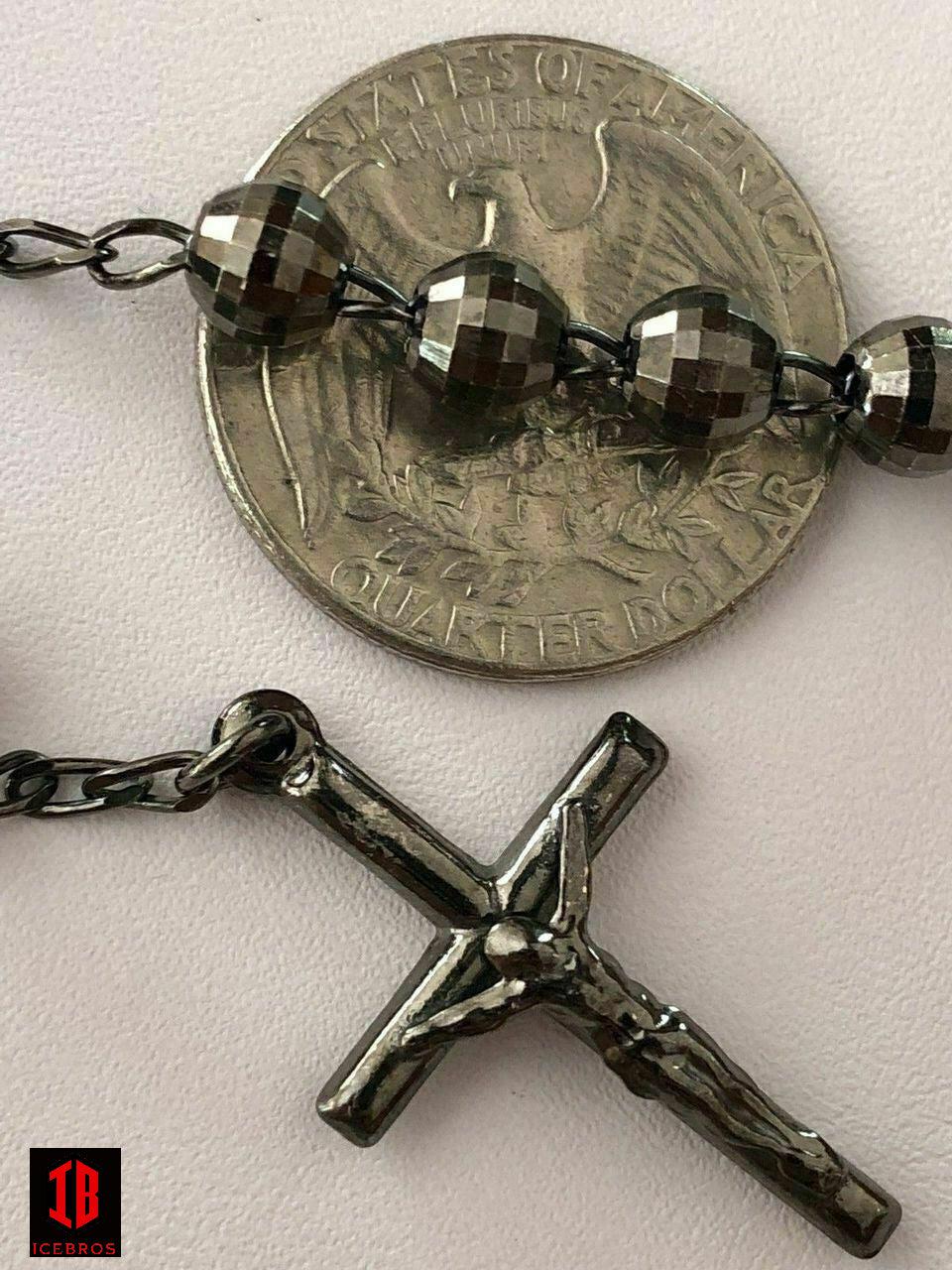 Men’s Rosary Beads Necklace Oxidized Black Disco Ball Cut 925 Silver Rosario ITALY Cross