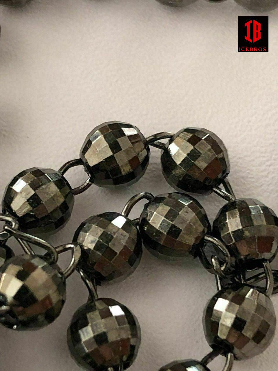 Men’s Rosary Beads Necklace Oxidized Black Disco Ball Cut 925 Silver Rosario ITALY Cross