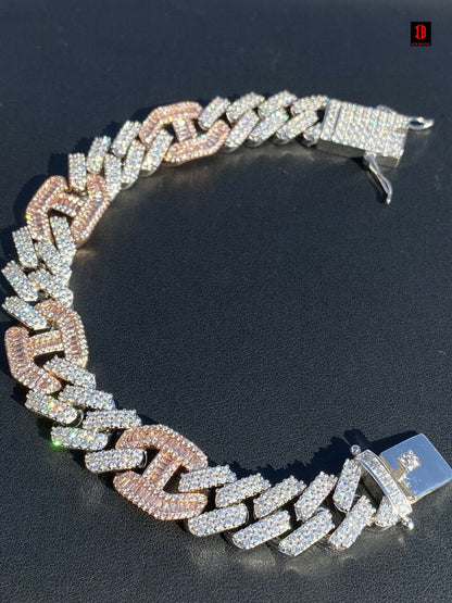 TWO TONE Mens Solid 925 Silver & Rose Gold Baguette Cuban Gucci Link Bracelet Hip Hop ICY