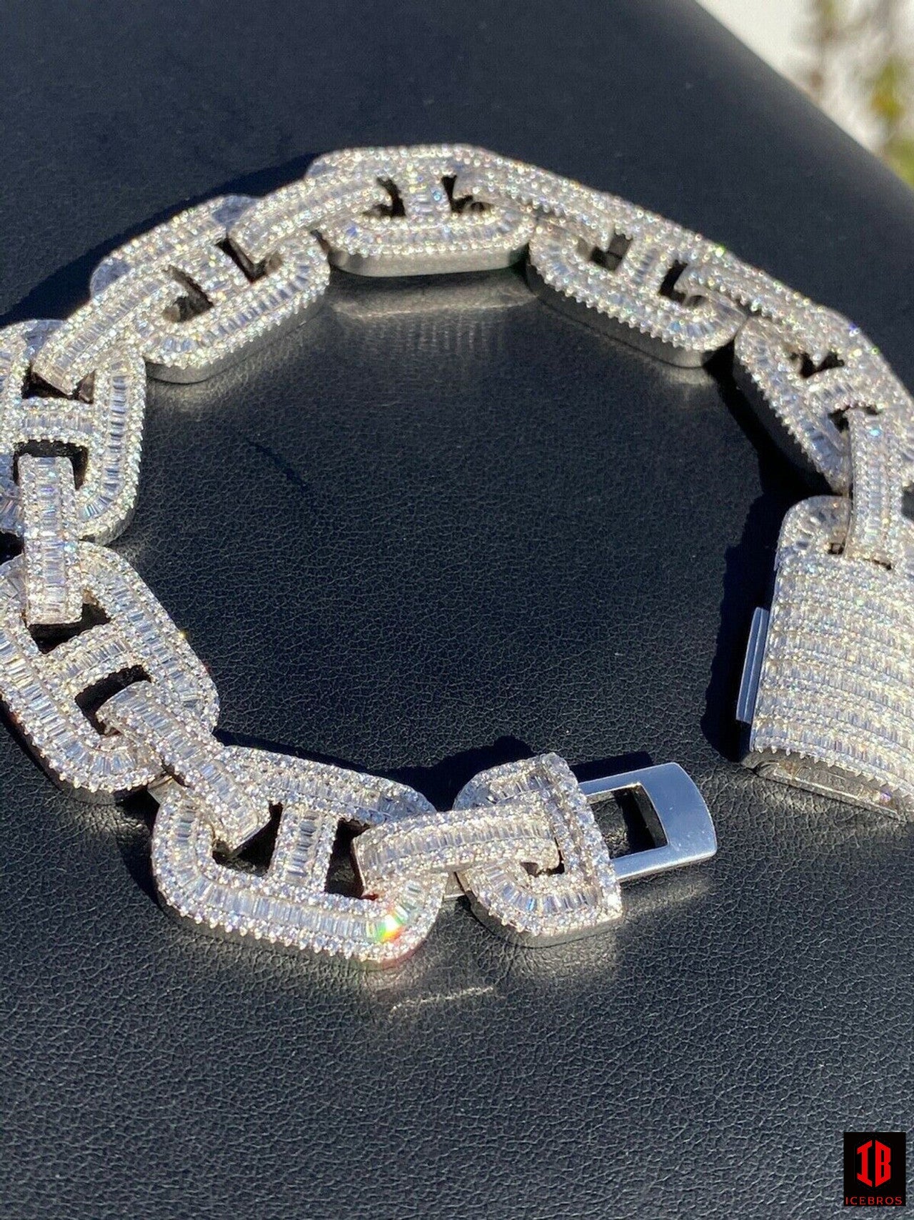 RHODIUM Men’s Solid 925 Silver Baguette Gucci Link Bracelet Iced Thick Flooded Out 15mm