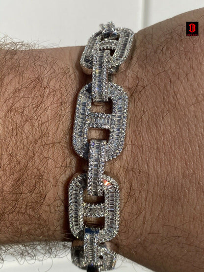RHODIUM Men’s Solid 925 Silver Baguette Gucci Link Bracelet Iced Thick Flooded Out 15mm