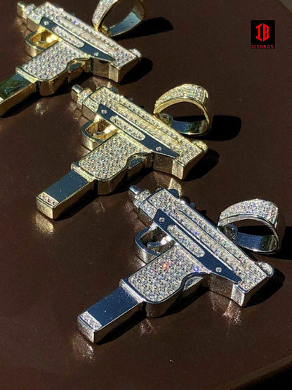 Men's Machine 925 Silver Uzi Gun Diamond Piece Iced Hip Hop Pendant + Chain Pistol