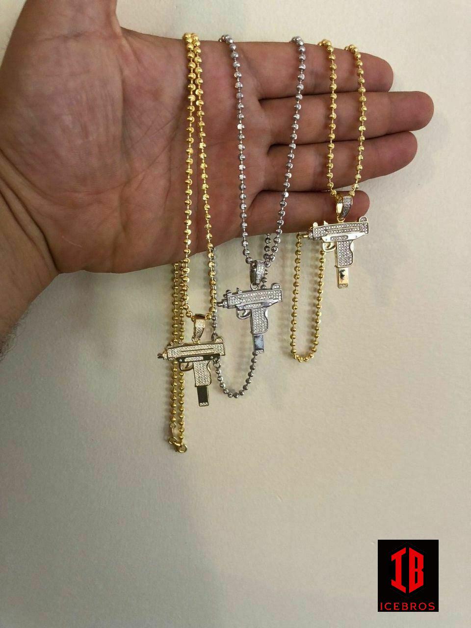 Men's Machine 925 Silver Uzi Gun Diamond Piece Iced Hip Hop Pendant + Chain Pistol