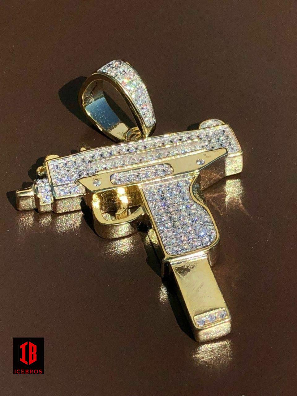 Men's Machine 925 Silver Uzi Gun Diamond Piece Iced Hip Hop Pendant + Chain Pistol