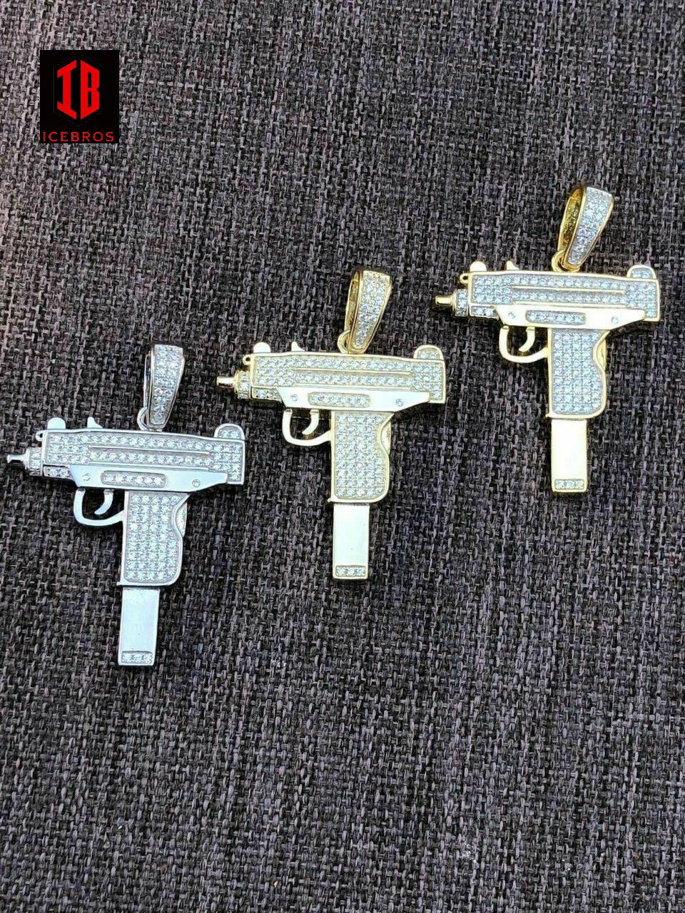 Men's Machine 925 Silver Uzi Gun Diamond Piece Iced Hip Hop Pendant + Chain Pistol