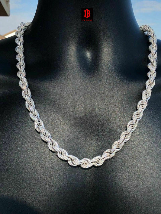 WHITE GOLD Men's Solid 925 Sterling Silver Men's Rope Chain Thick 9mm ICY CZ Diamond Choker