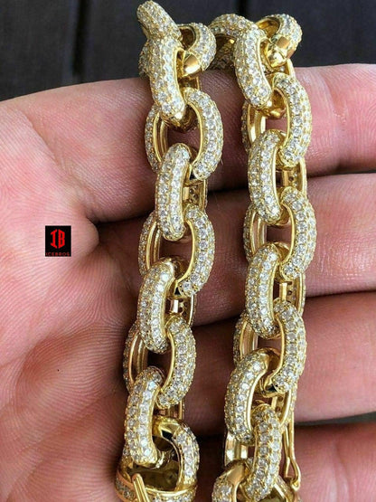 Solid 925 Sterling Silver Mens Thick Heavy Rolo Chain Iced CZ HANDMADE Diamonds Flooded Out (YELLOW GOLD)