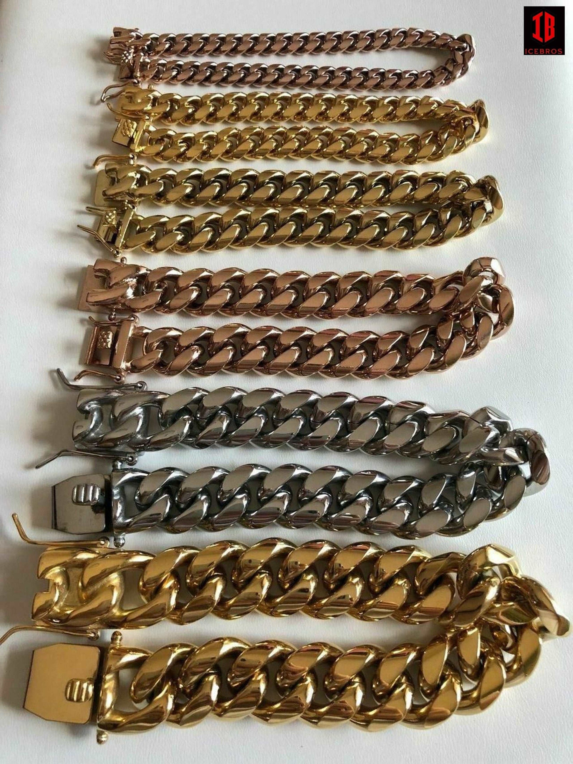 (16MM) Mens Miami Cuban Link Chain - Gold Plated Stainless Steel 8-18mm Yellow/Rose/White