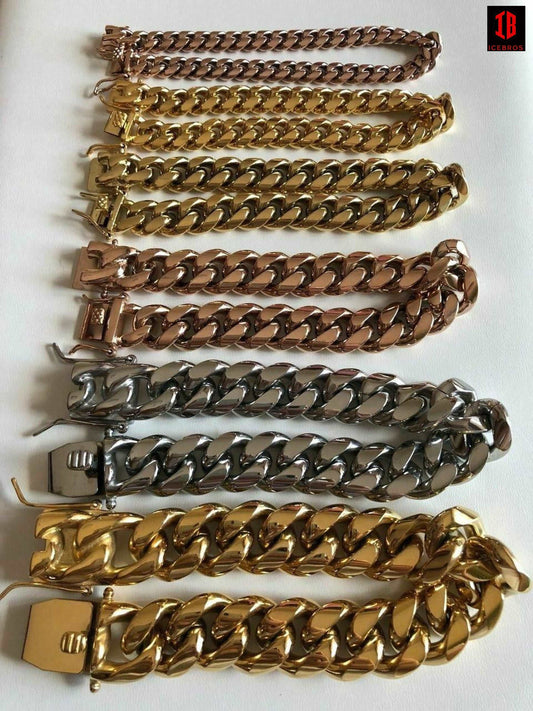 (12MM) Mens Miami Cuban Link Chain - Gold Plated Stainless Steel 8-18mm Yellow/Rose/White