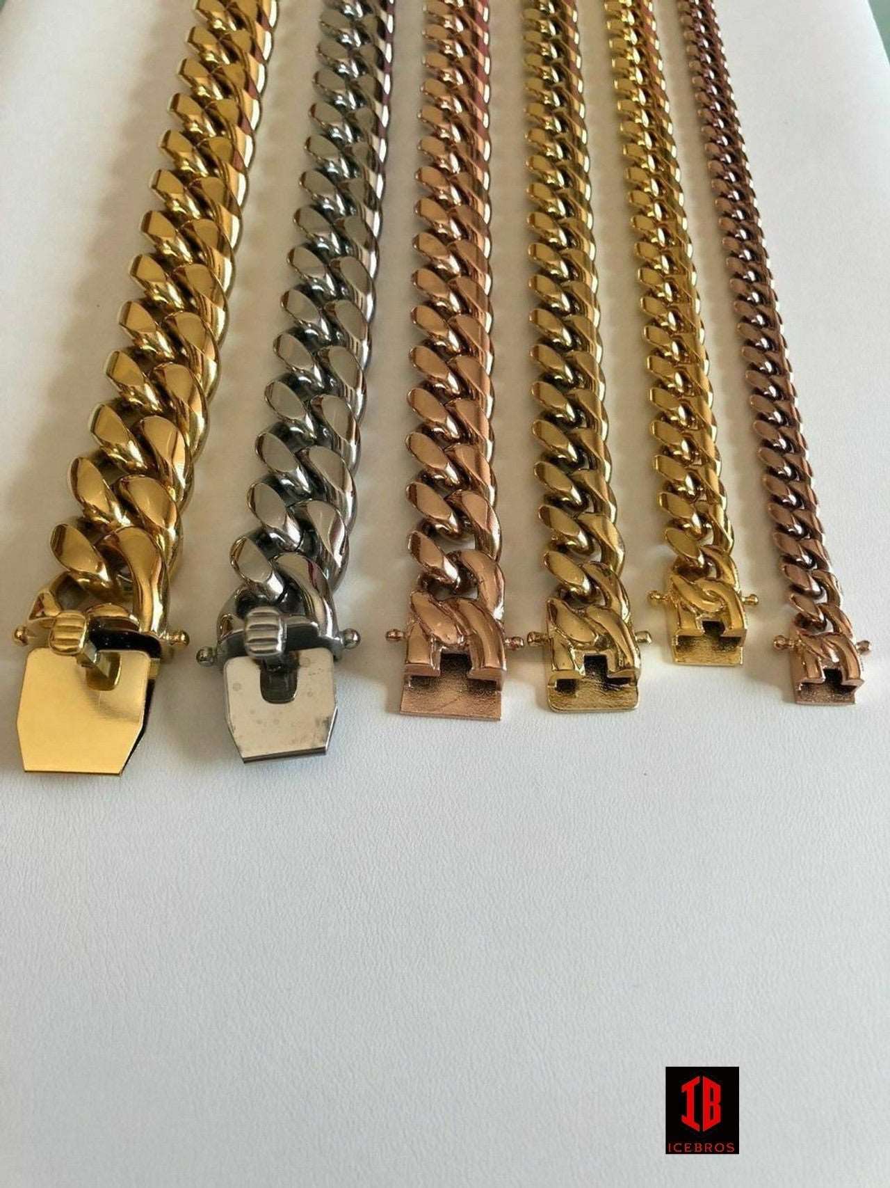 (16MM) Mens Miami Cuban Link Chain - Gold Plated Stainless Steel 8-18mm Yellow/Rose/White