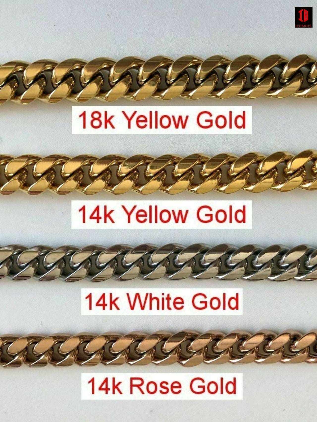 (16MM) Mens Miami Cuban Link Chain - Gold Plated Stainless Steel 8-18mm Yellow/Rose/White