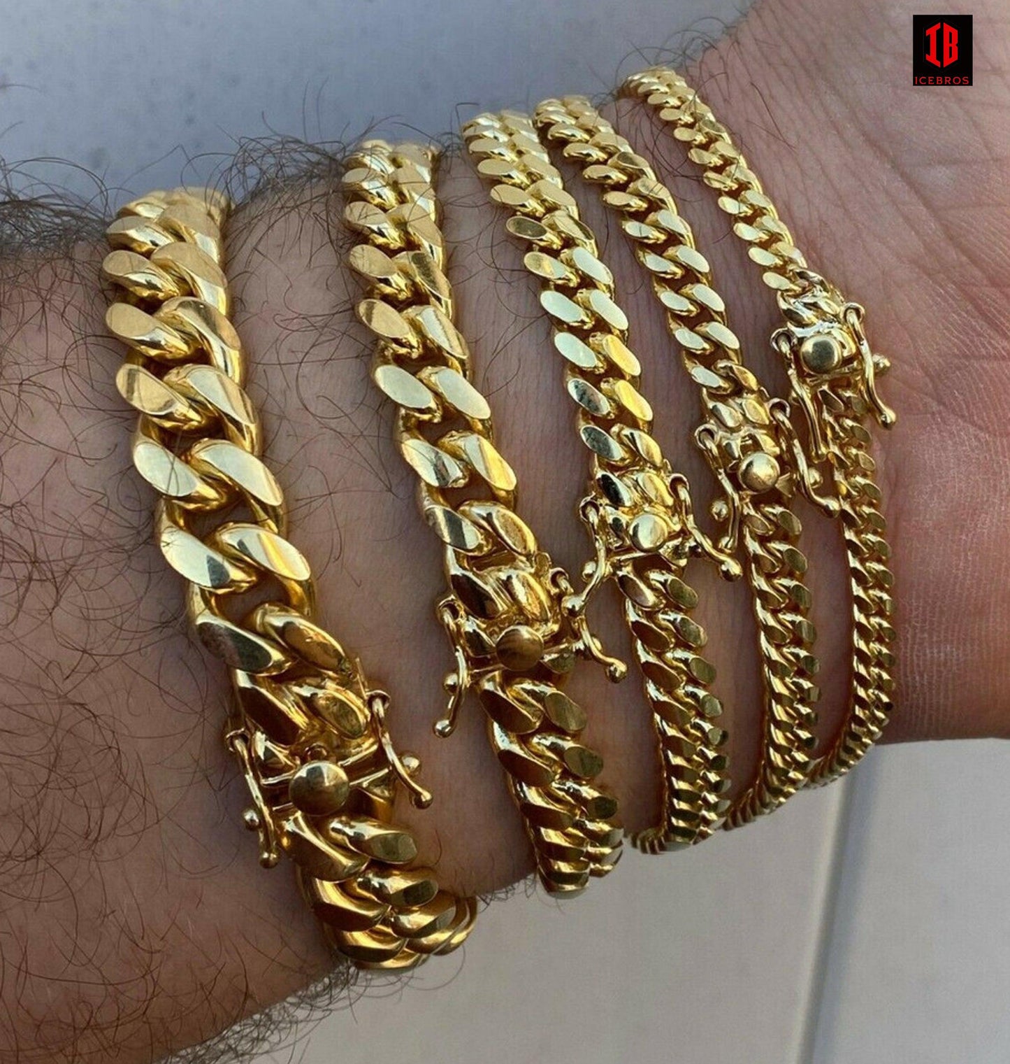 Miami Cuban Link Bracelet With Box Lock 14k Gold Over Solid 925 Silver ITALY