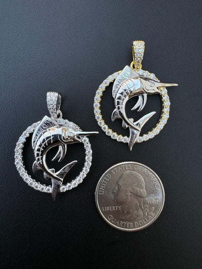 Marlin Fish Moissanite Pendant 925 Sterling Silver Swordfish Fishing Necklace