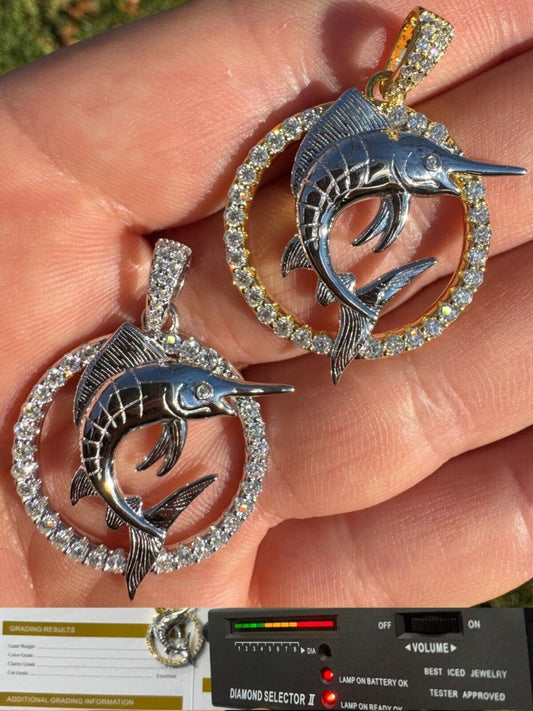 Marlin Fish Moissanite Pendant 925 Sterling Silver Swordfish Fishing Necklace