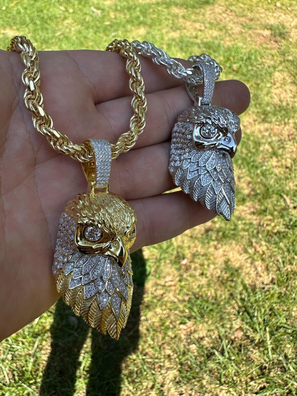 Moissanite 3D Eagle Bald Necklace in 14k White and Yellow Gold-Men's Eagle Pendant 925 Sterling Silver Hip-Hop Necklace