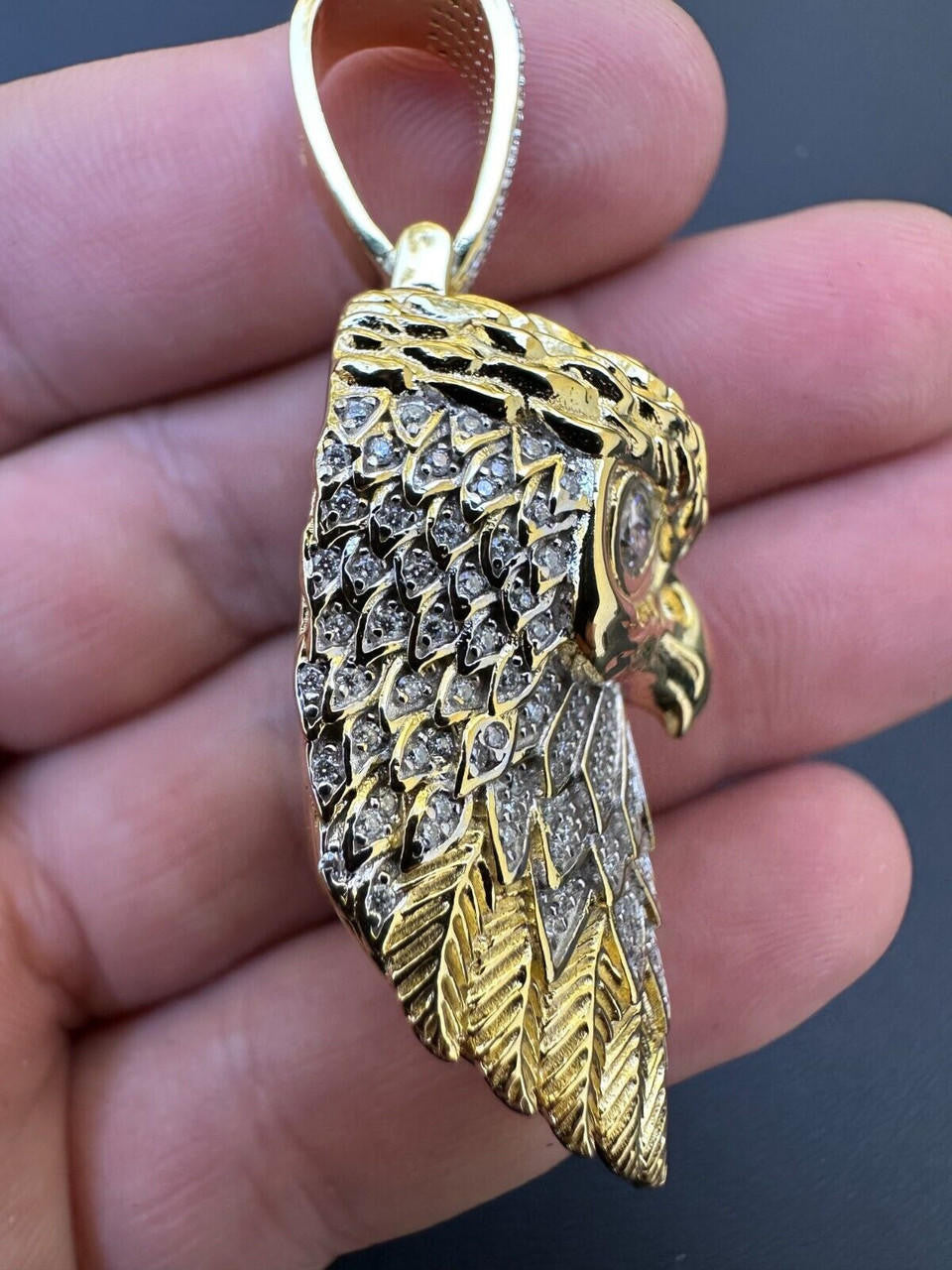 Moissanite 3D Eagle Bald Necklace in 14k White and Yellow Gold-Men's Eagle Pendant 925 Sterling Silver Hip-Hop Necklace