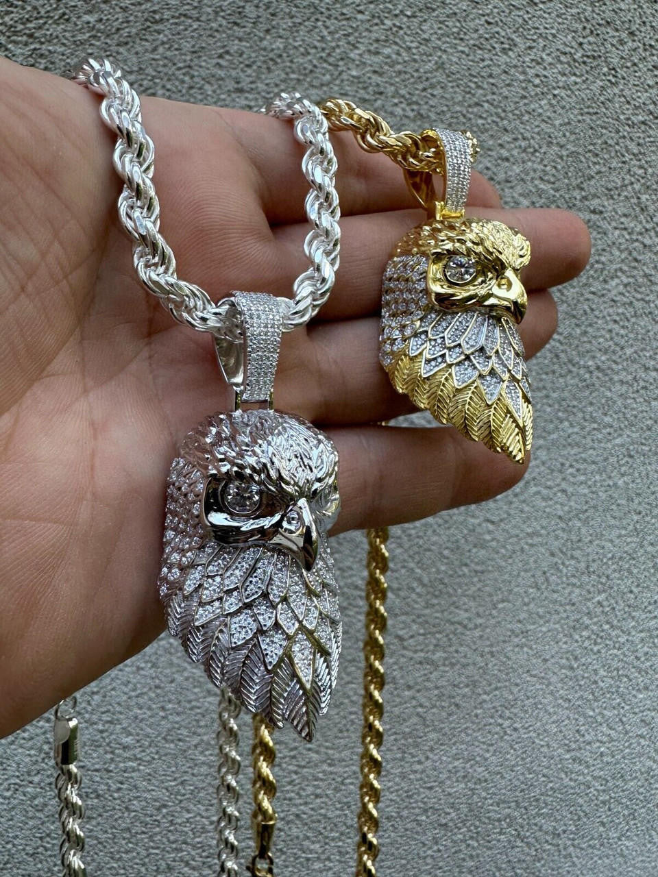 14k White Gold or 14k Gold 3d Bald Eagle Pendant Necklace with Rope Chain