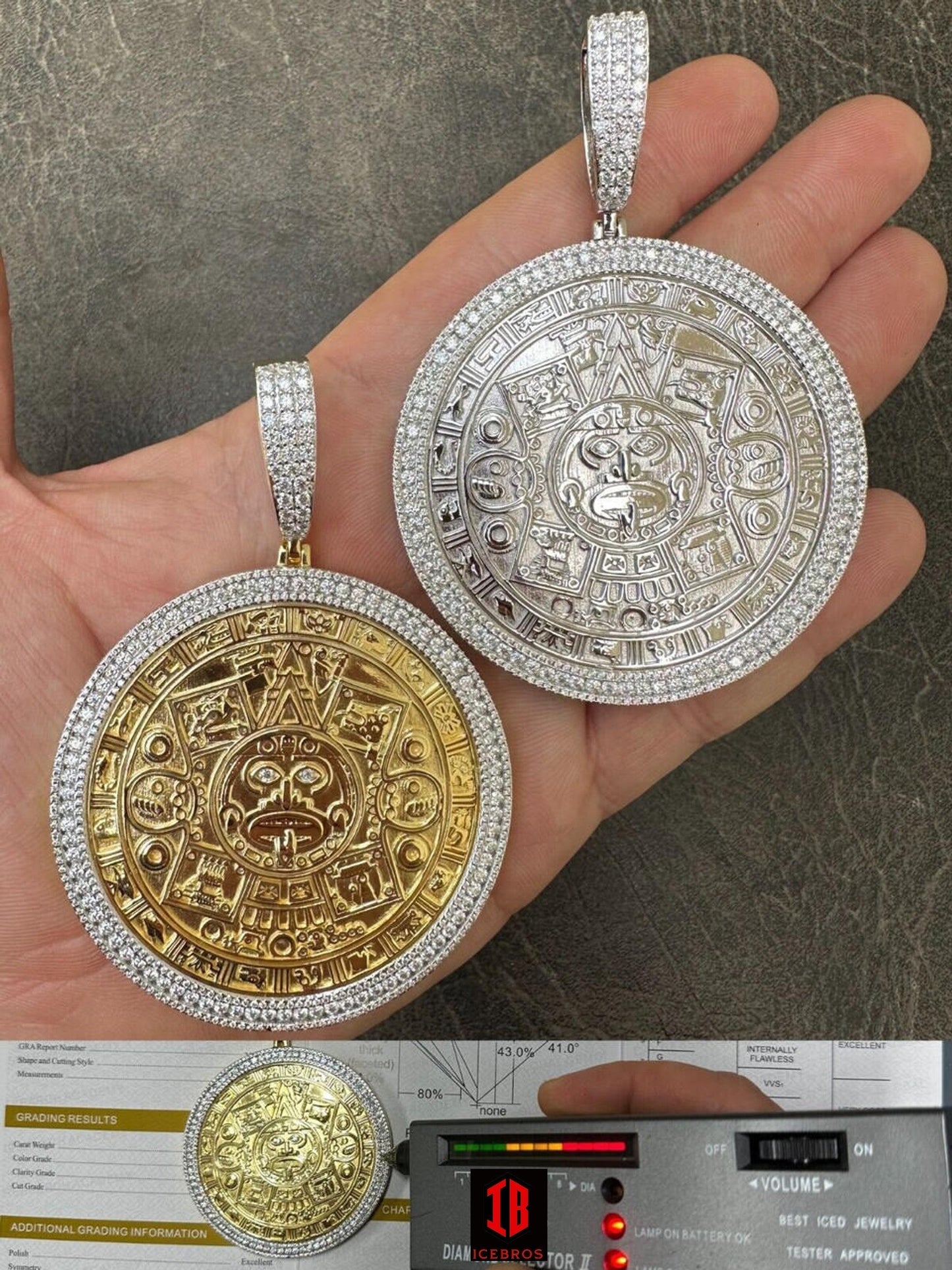 LARGE Moissanite Aztec Calendar Mayan Sun God Iced 925 Silver Pendant Necklace