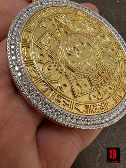 LARGE Moissanite Aztec Calendar Mayan Sun God Iced 925 Silver Pendant Necklace