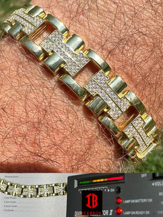 MOISSANITE Men's 12mm H Link Bracelet Real Solid 14k Gold Over 925 Sterling Silver