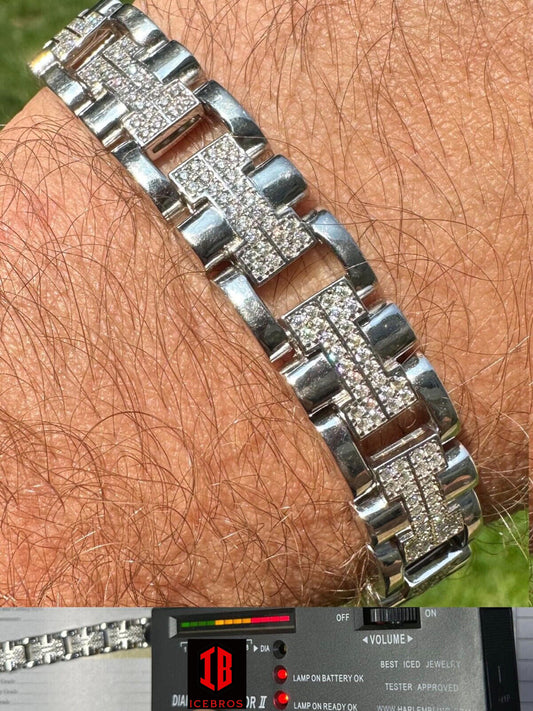 MOISSANITE Men's 12mm H Link Bracelet Real Solid 925 Sterling Silver