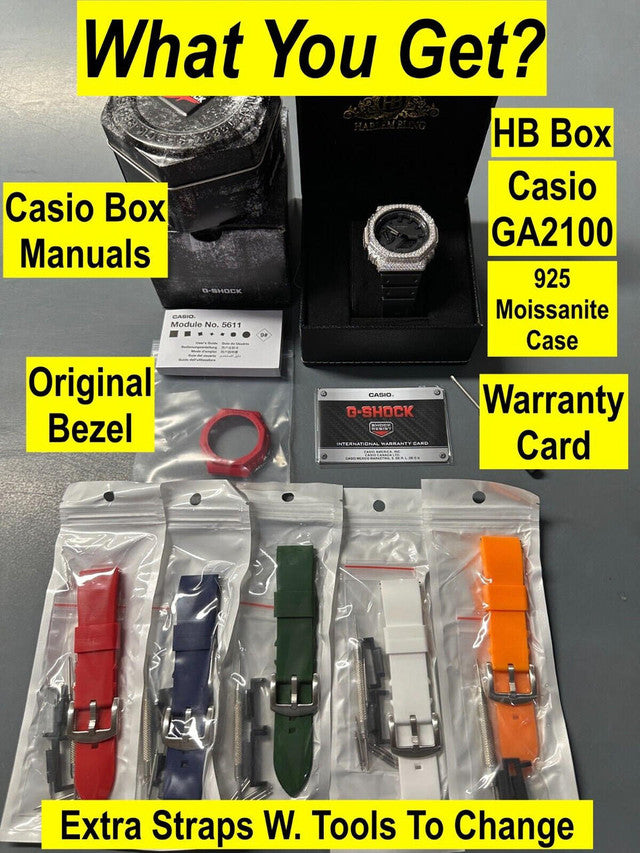 MOISSANITE Real 925 Silver Iced Casio G Shock GA-2100 Hip Hop Watch & Extras