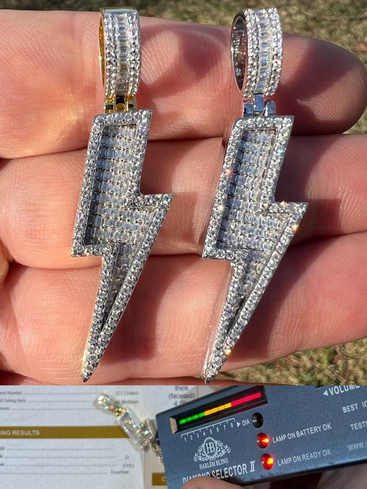 MOISSANITE Real Silver / Gold Lightning Bolt Necklace Pendant Pass Diamond Test