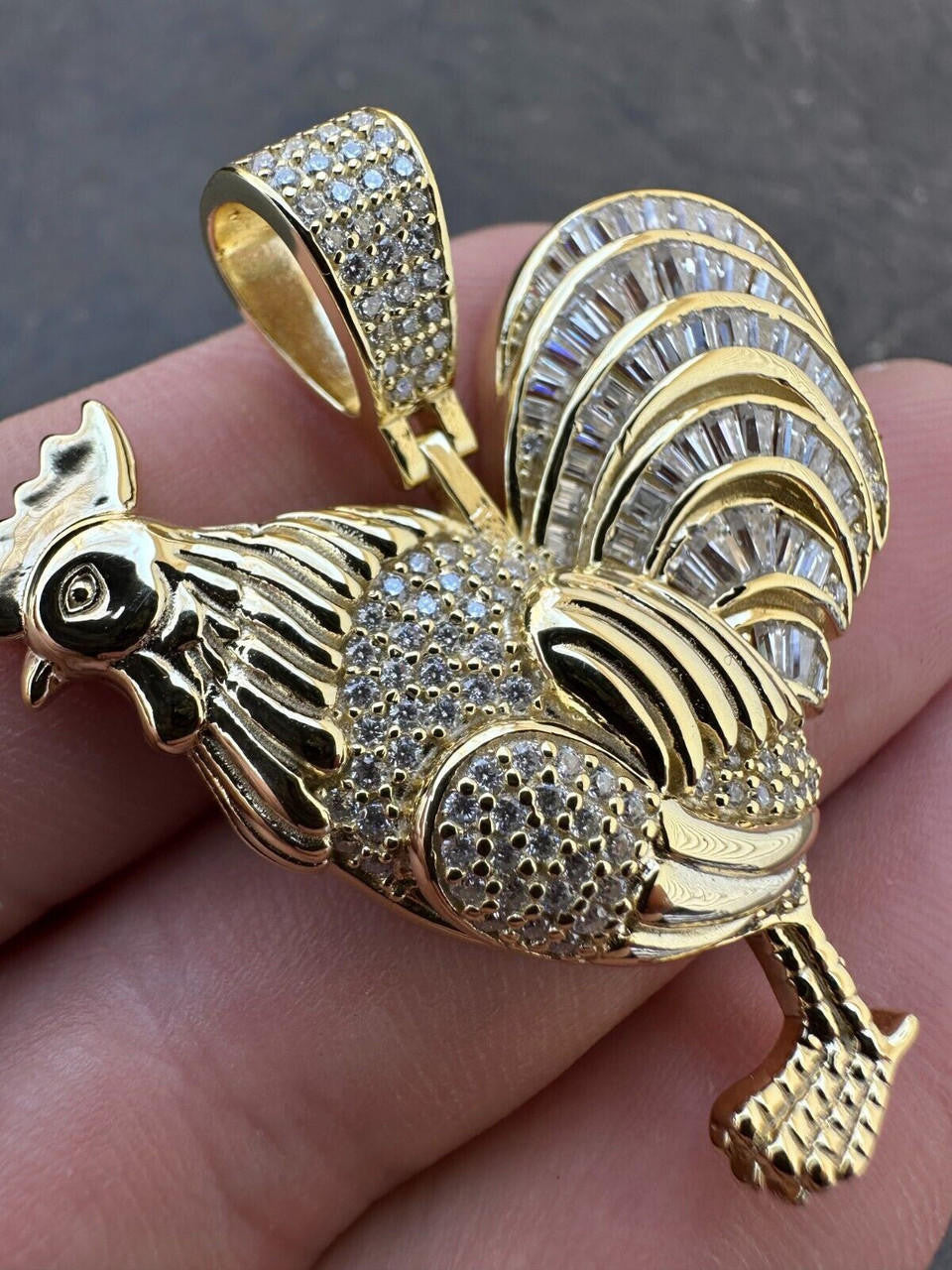 MOISSANITE Real Solid 925 Silver/Gold Plated Iced Rooster Gallo Charm