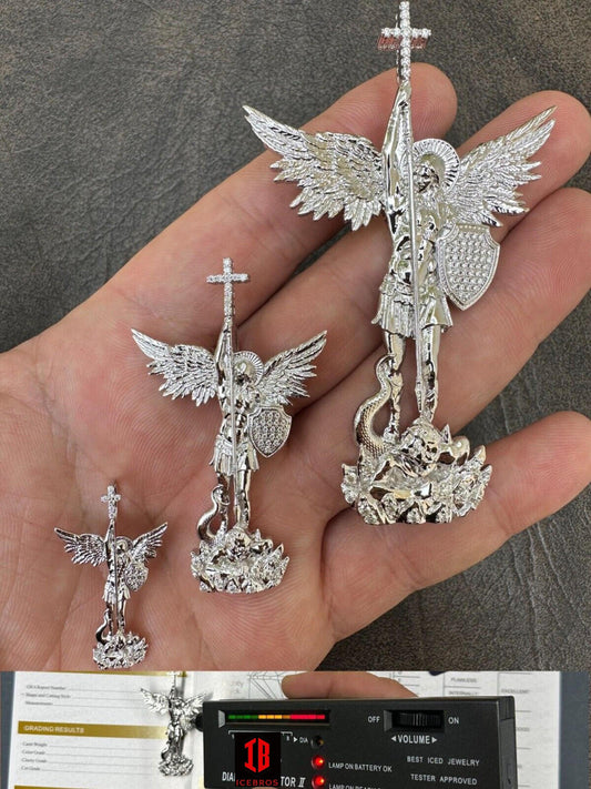 MOISSANITE Real Solid 10k White Gold Saint Michael Slaying Dragon Pendant