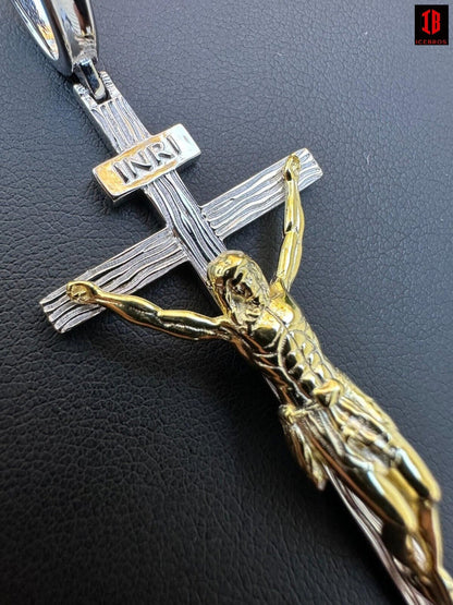 14k Gold Cross Jesus Piece Pendant White Gold Plating on Cross and Jesus with 14k Gold Plating