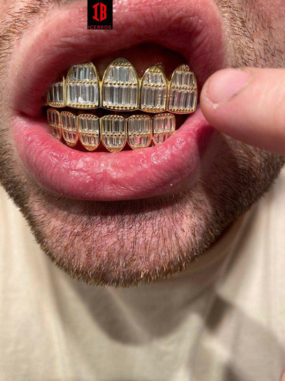 Gold Rhodium 925 Sterling Silver Grillz Baguette Iced Grills Top Or Bottom Teeth