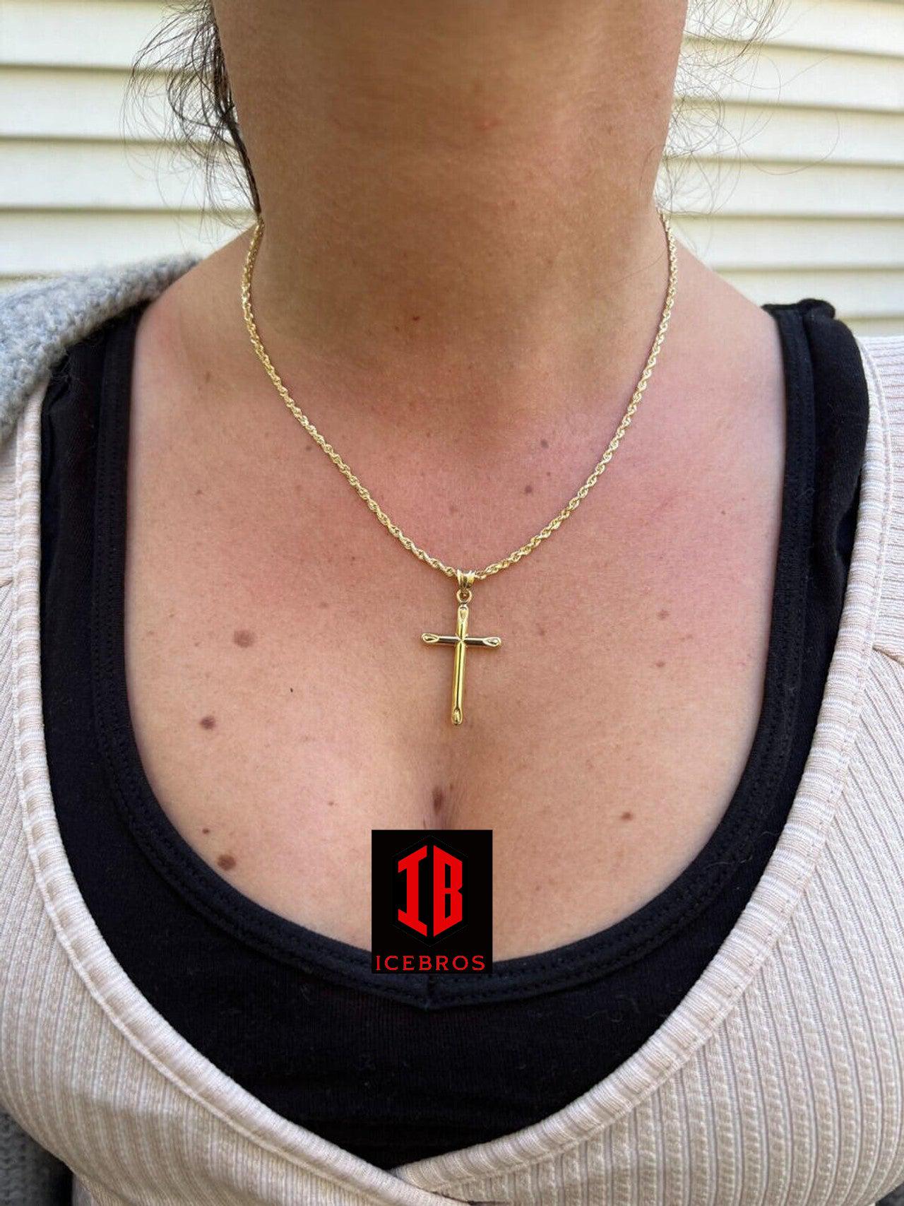 ICEBROS 14kt Yellow Gold Plain Cross Crucifix Pendant Necklace Mens Ladies 1" Medium