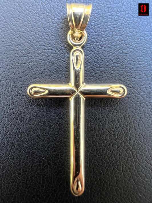 ICEBROS 14kt Yellow Gold Plain Cross Crucifix Pendant Necklace Mens Ladies 1" Medium
