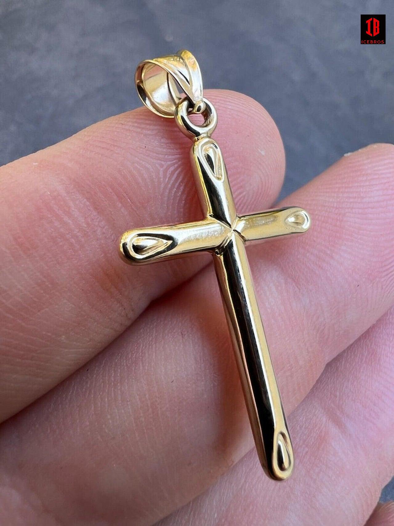 ICEBROS 14kt Yellow Gold Plain Cross Crucifix Pendant Necklace Mens Ladies 1" Medium