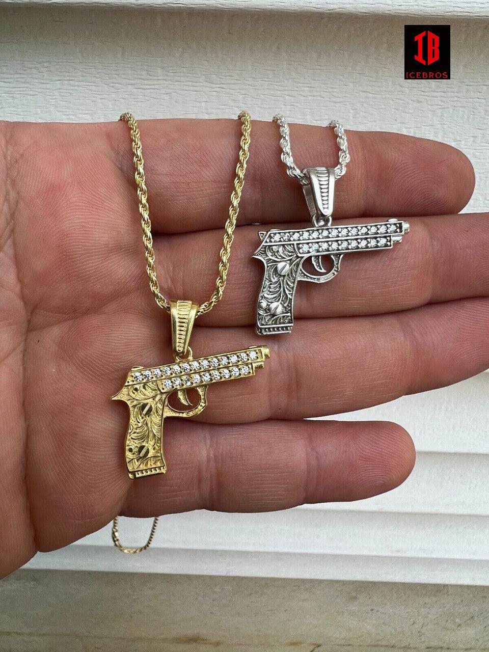 925 Silver 14k Gold Plated Gun Desert Eagle Pistol Pendant Necklace Iced