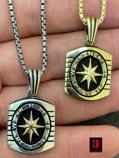 925 Silver 14k Gold Navigation Nautical Star Compass Pendant Necklace