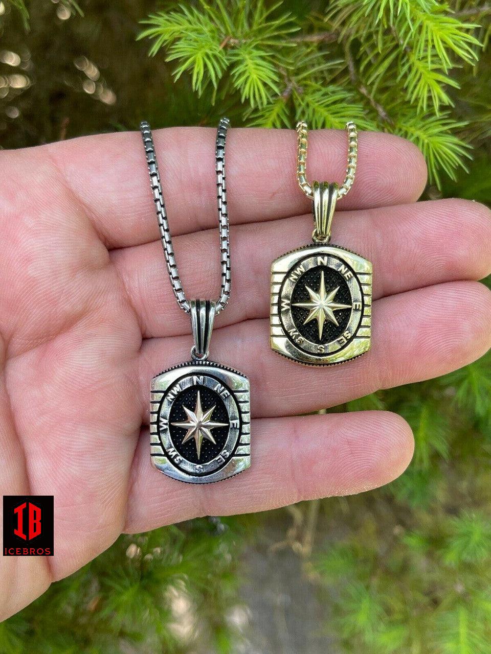 925 Silver 14k Gold Navigation Nautical Star Compass Pendant Necklace