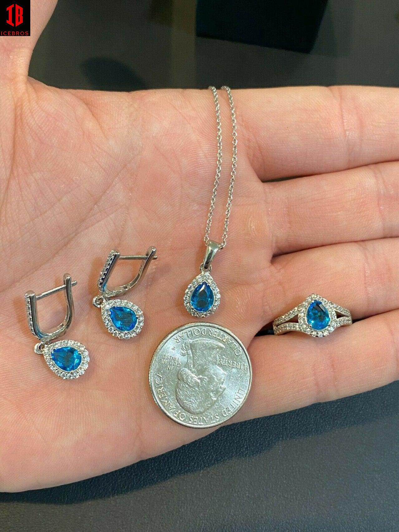 Real 925 Silver Blue Aquamarine Diamond Ring Necklace Earrings Girls Jewelry Set