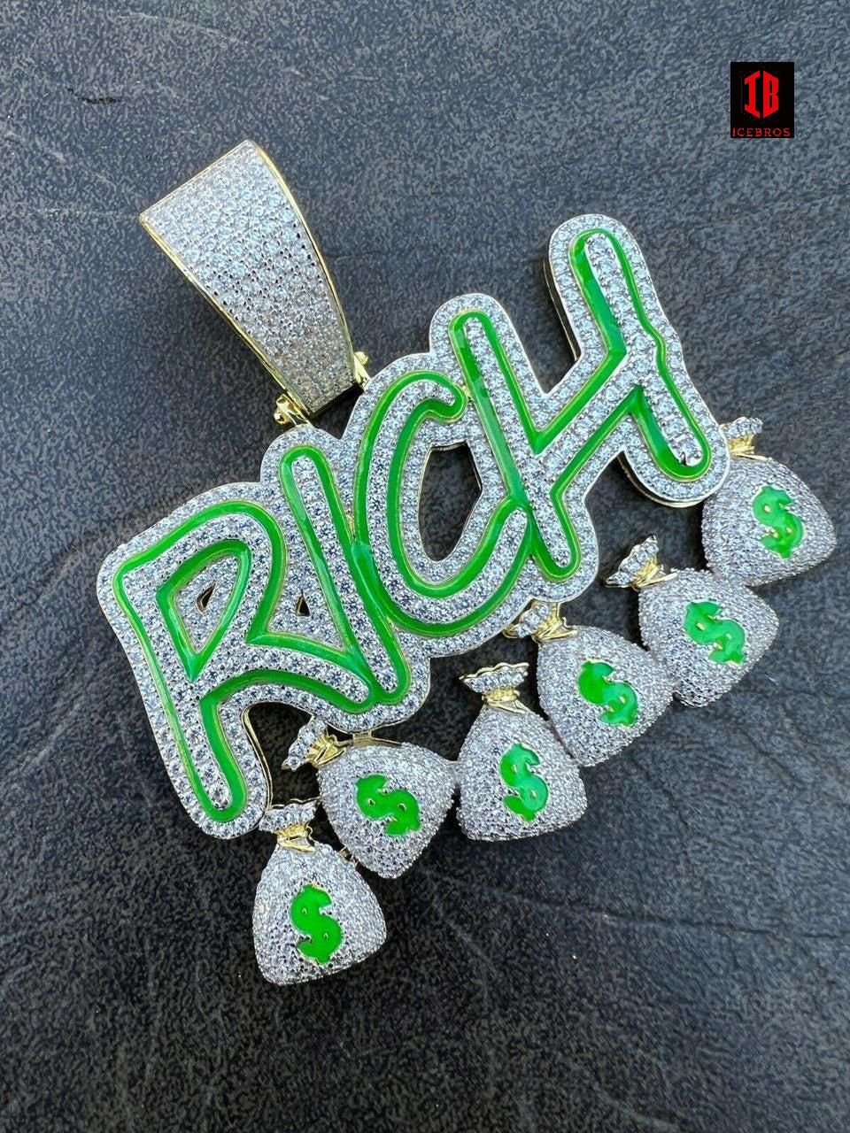 Green Silver Gold Glows In Dark RICH Money Bag $ Big Hip Hop Pendant Necklace