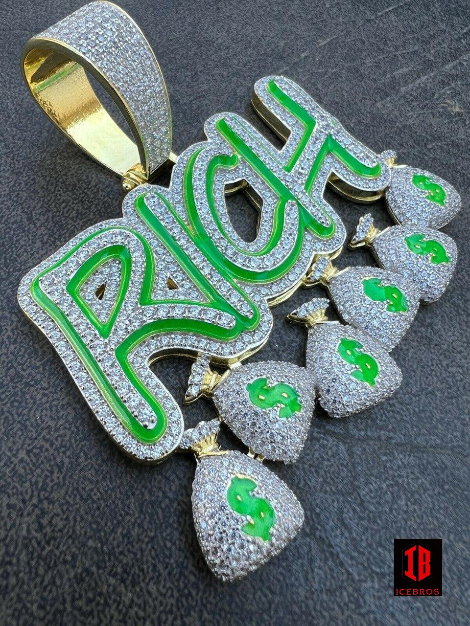 Green Silver Gold Glows In Dark RICH Money Bag $ Big Hip Hop Pendant Necklace