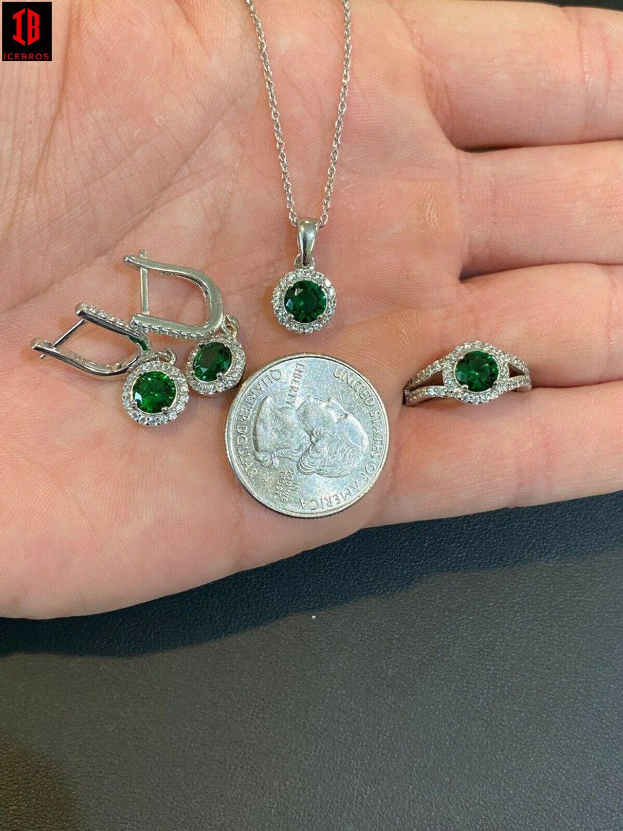 Real 925 Silver Green Emerald Diamond Ring Pendant Necklace Earrings Jewelry Set