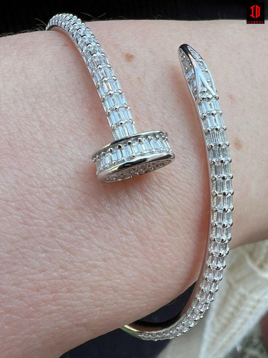 Real 925 Silver Iced Baguette Diamond Nail Bangle Bracelet 6-7.5" Mens Ladies