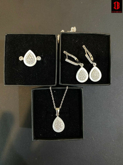 Real 925 Silver Teardrop Diamond Pearl Ring Necklace & Earrings Ladies Girls Set