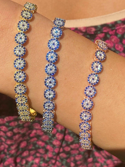 Real 925 Silver Yellow Rose Gold Evil Eye Blue Sapphire Cluster Tennis Bracelet