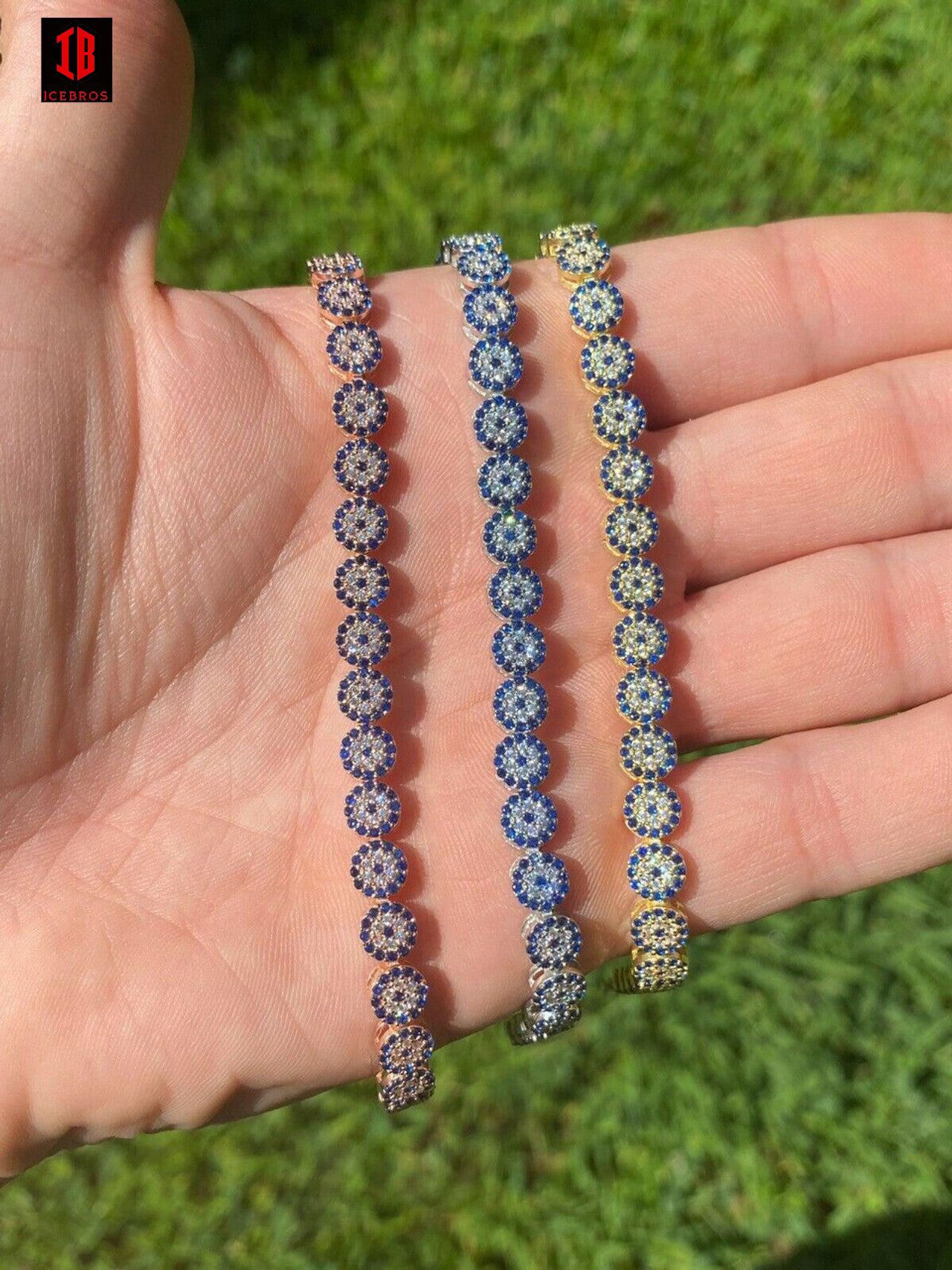 Real 925 Silver Yellow Rose Gold Evil Eye Blue Sapphire Cluster Tennis Bracelet