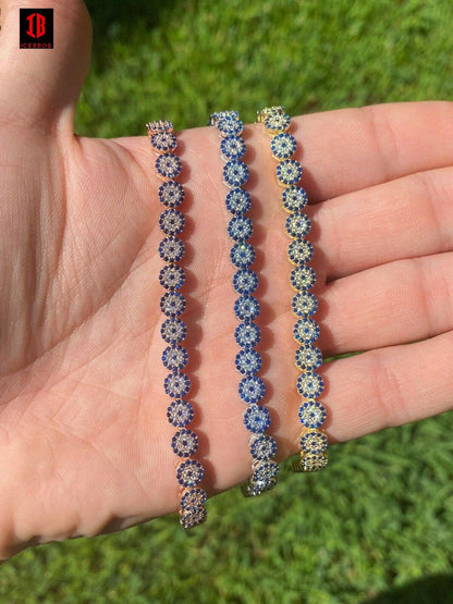 Real 925 Silver Yellow Rose Gold Evil Eye Blue Sapphire Cluster Tennis Bracelet