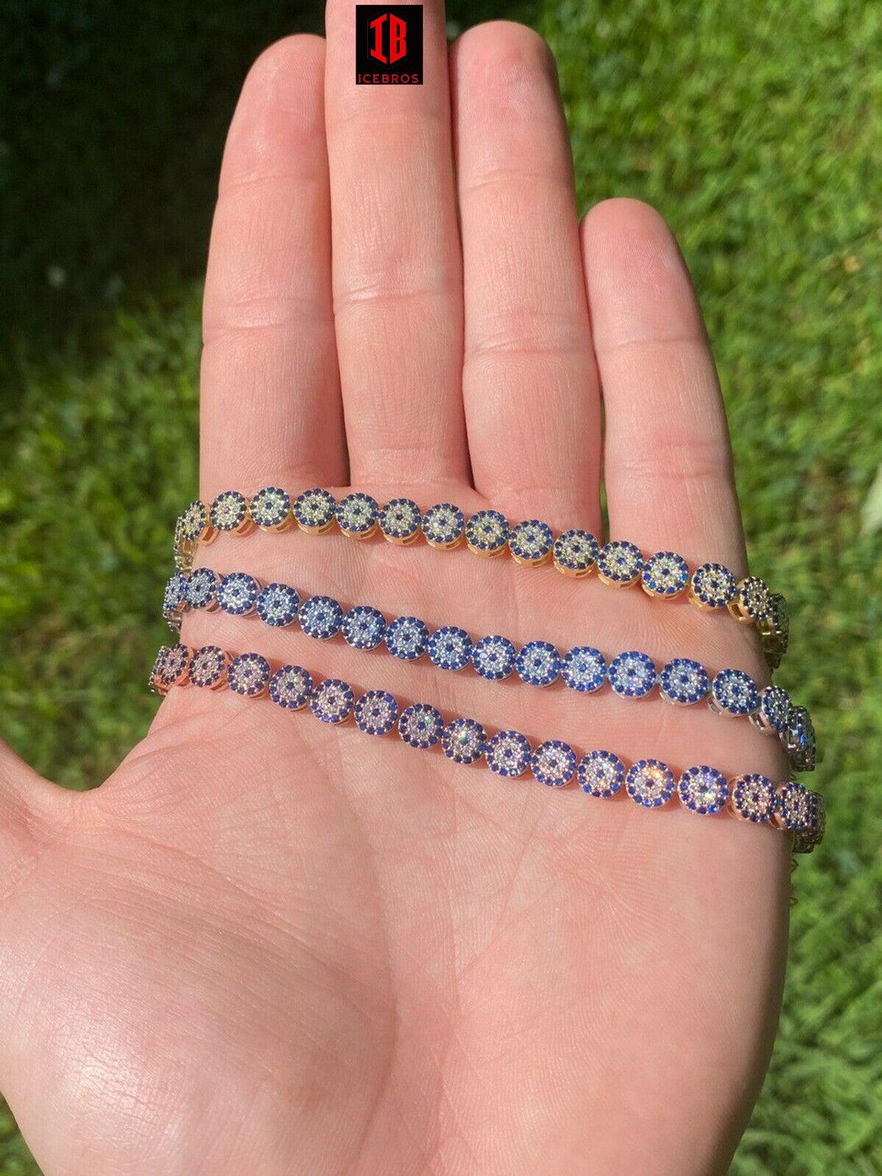 Real 925 Silver Yellow Rose Gold Evil Eye Blue Sapphire Cluster Tennis Bracelet